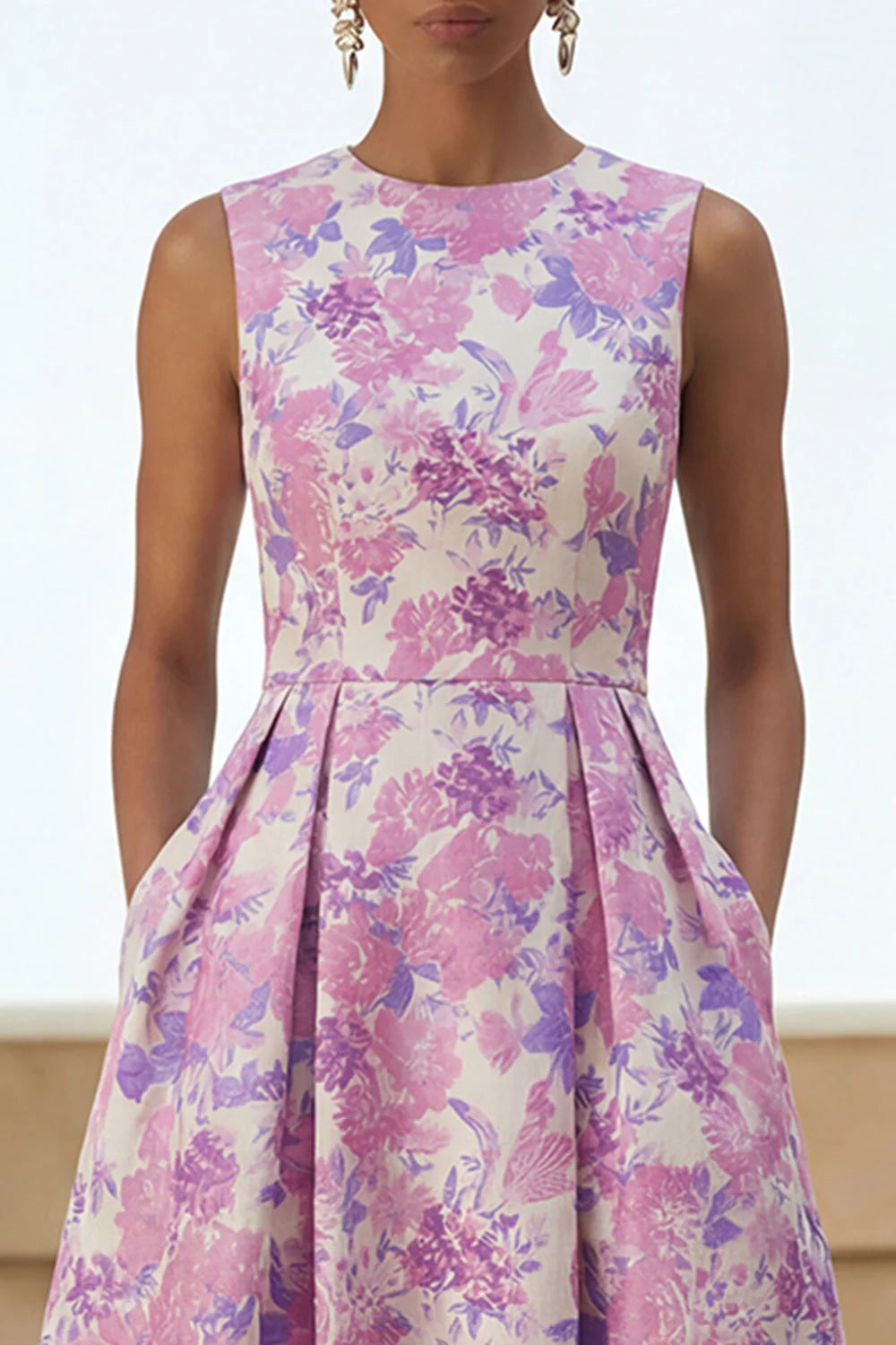 Lilac Floral A Line Round Neck Midi Wedding Guest Dress with Pockets