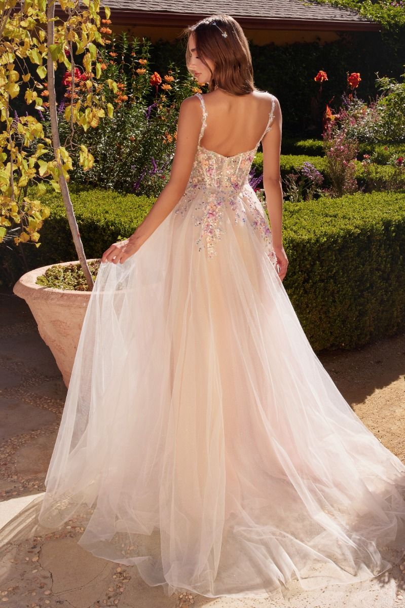 A1288 A LINE DRESS WITH MULTI COLORED FLORAL EMBELLISHMENT ANDREA LEO