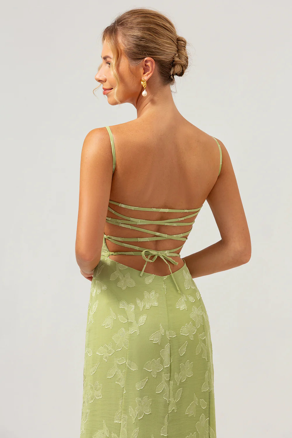 Green Mermaid Floral Jacquard Long Bridesmaid Dress with Lace Up Back