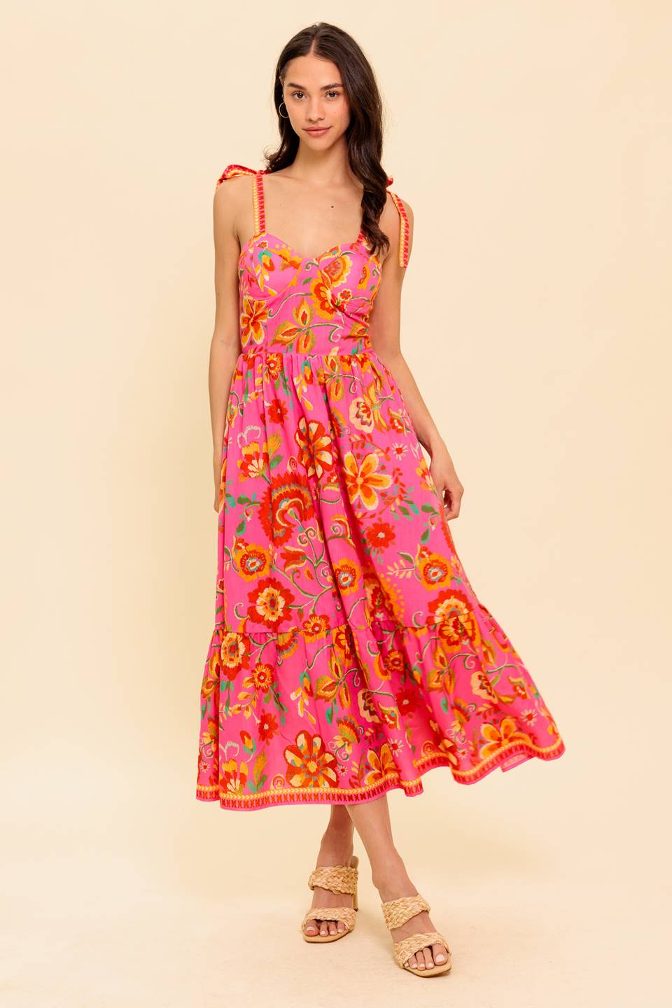 GARDEN GATHERING BUSTIER MIDI DRESS PINK MULTI