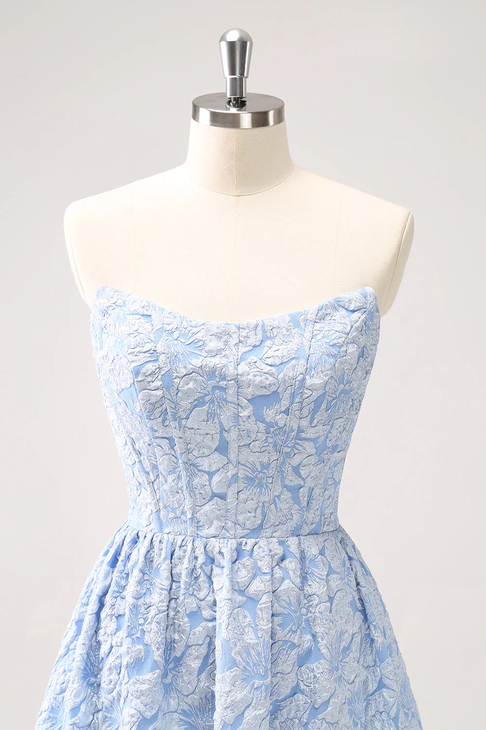 Blue A Line Brocade Strapless High Low Floral Dress with Ruffles