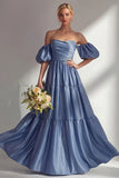 Off the Shoulder A Line Steel Blue Long Prom Dress with Removable Sleeves