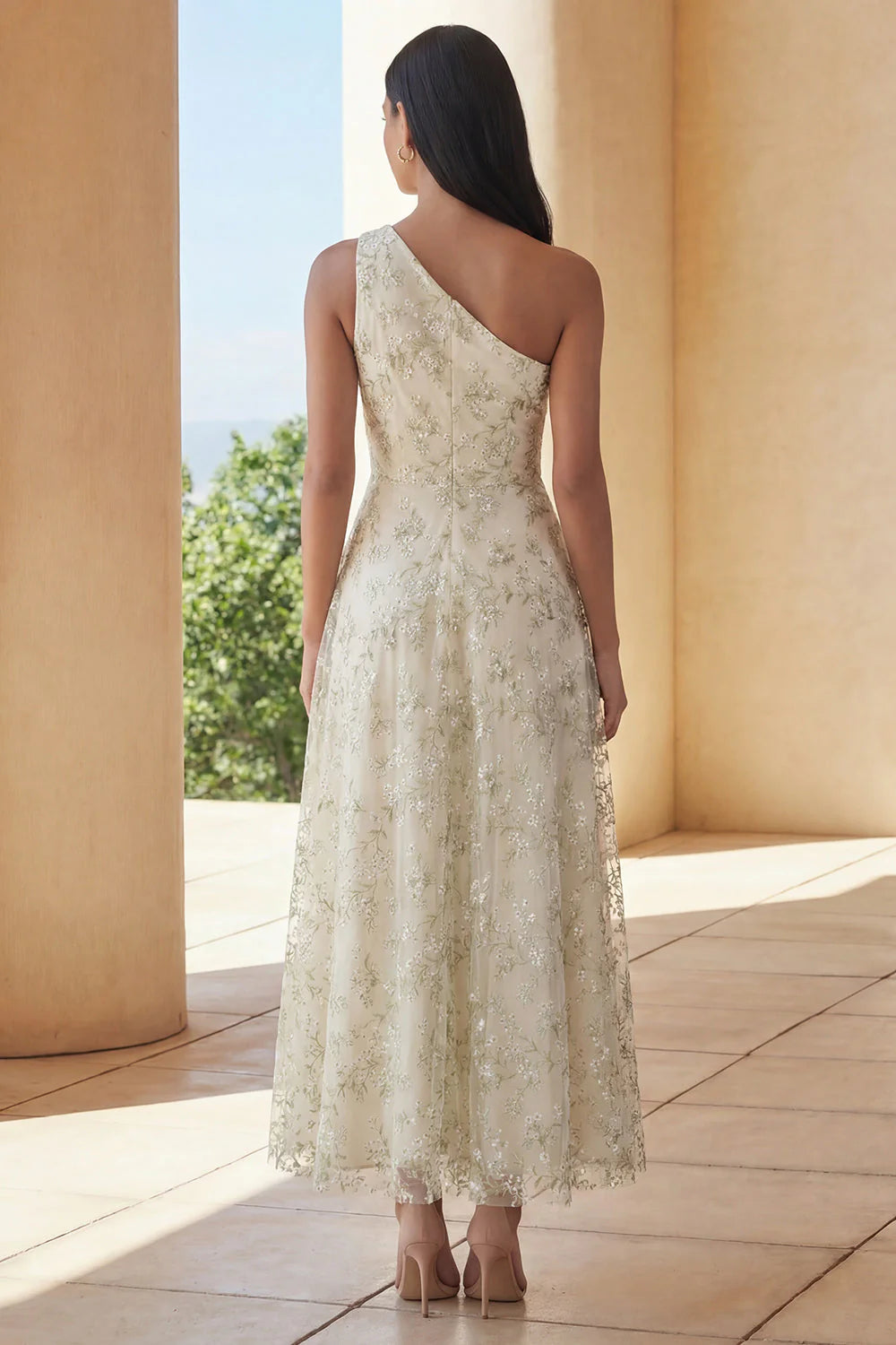 One Shoulder Floral Light Green A Line Wedding Guest Dress