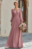 Elegant Vintage Mauve A Line V Neck Long Sleeves Bridesmaid Dress