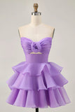Tiered Cute A Line Strapless Cut Out Purple Homecoming Dress