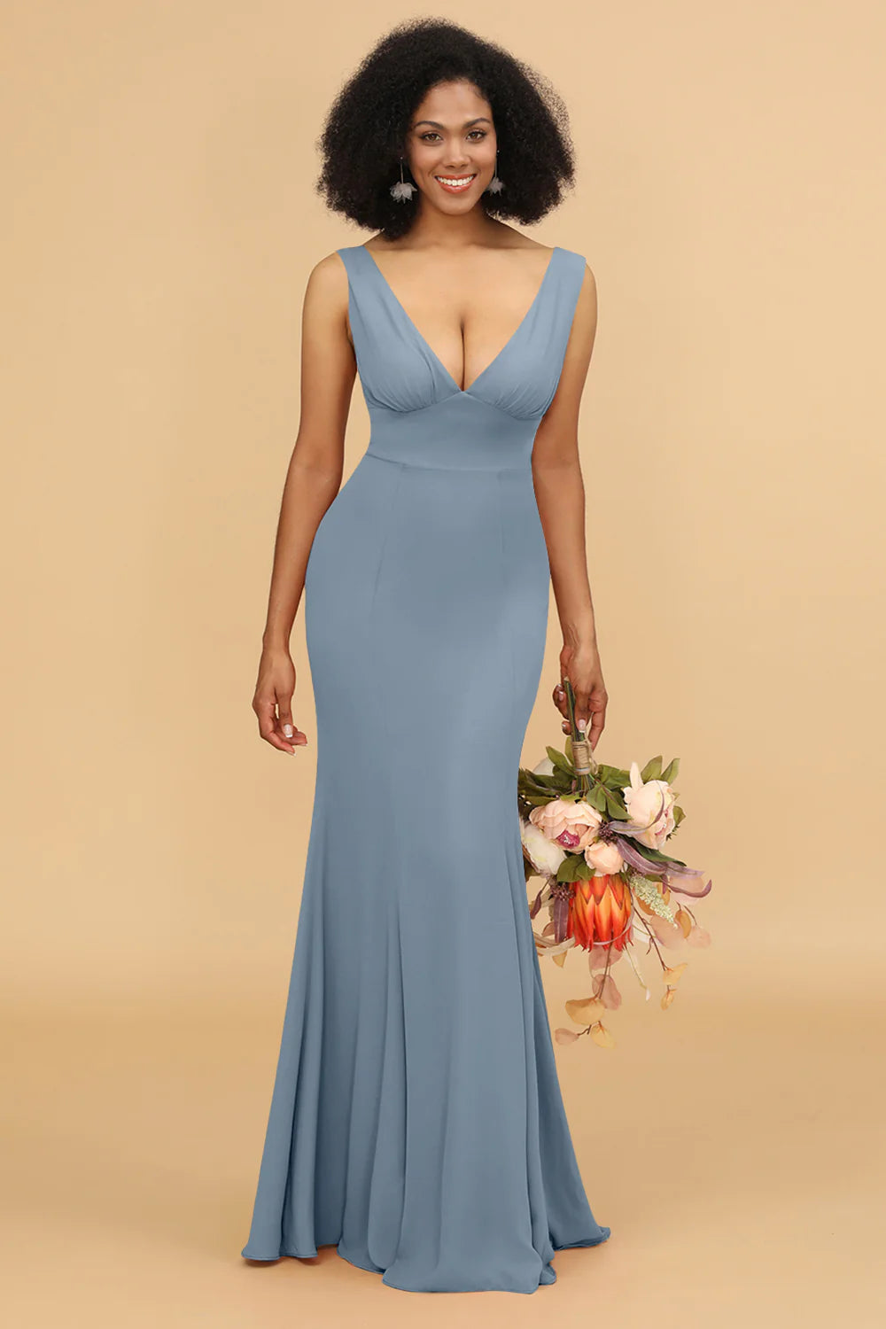 Mermaid V neck Open Back Long Chiffon Bridesmaid Dress With Ruffles