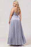 Dusty Blue A Line Satin Long Plus Size Bridesmaid Dress with Lace Up Back