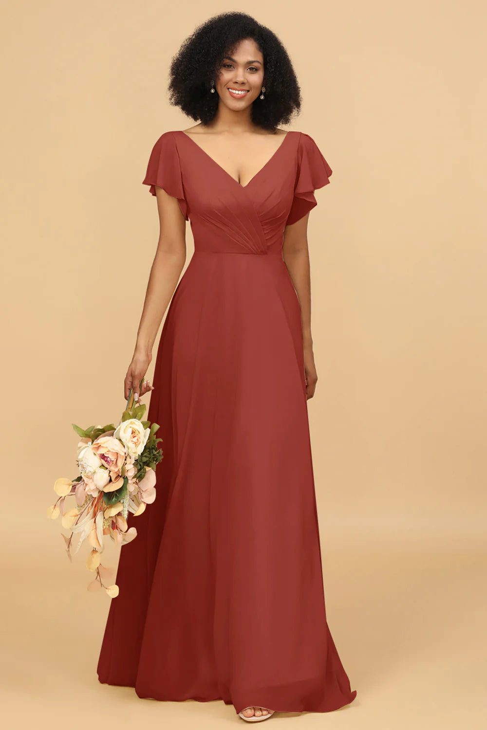 V Neck Cape Long Floor Length Chiffon Bridesmaid Dress