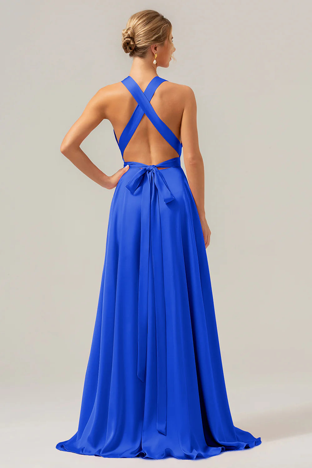 Pink A Line Deep V Neck Lace Up Back Long Satin Bridesmaid Dress with Slit