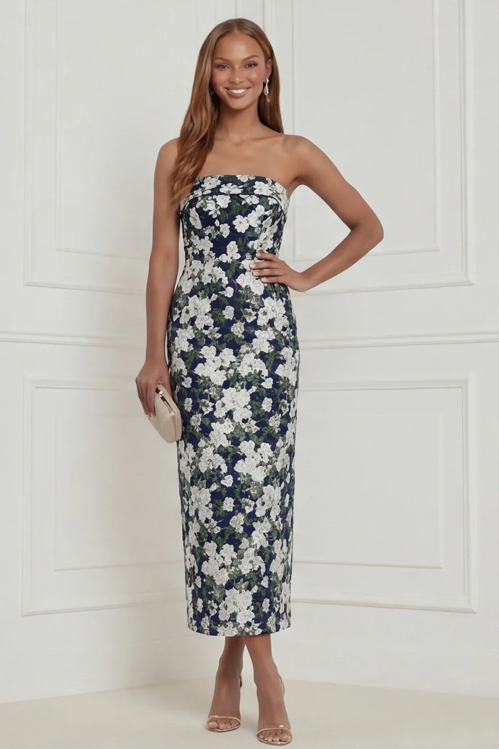 Strapless Fuchsia Sheath Floral Midi Wedding Guest Dress with Bow