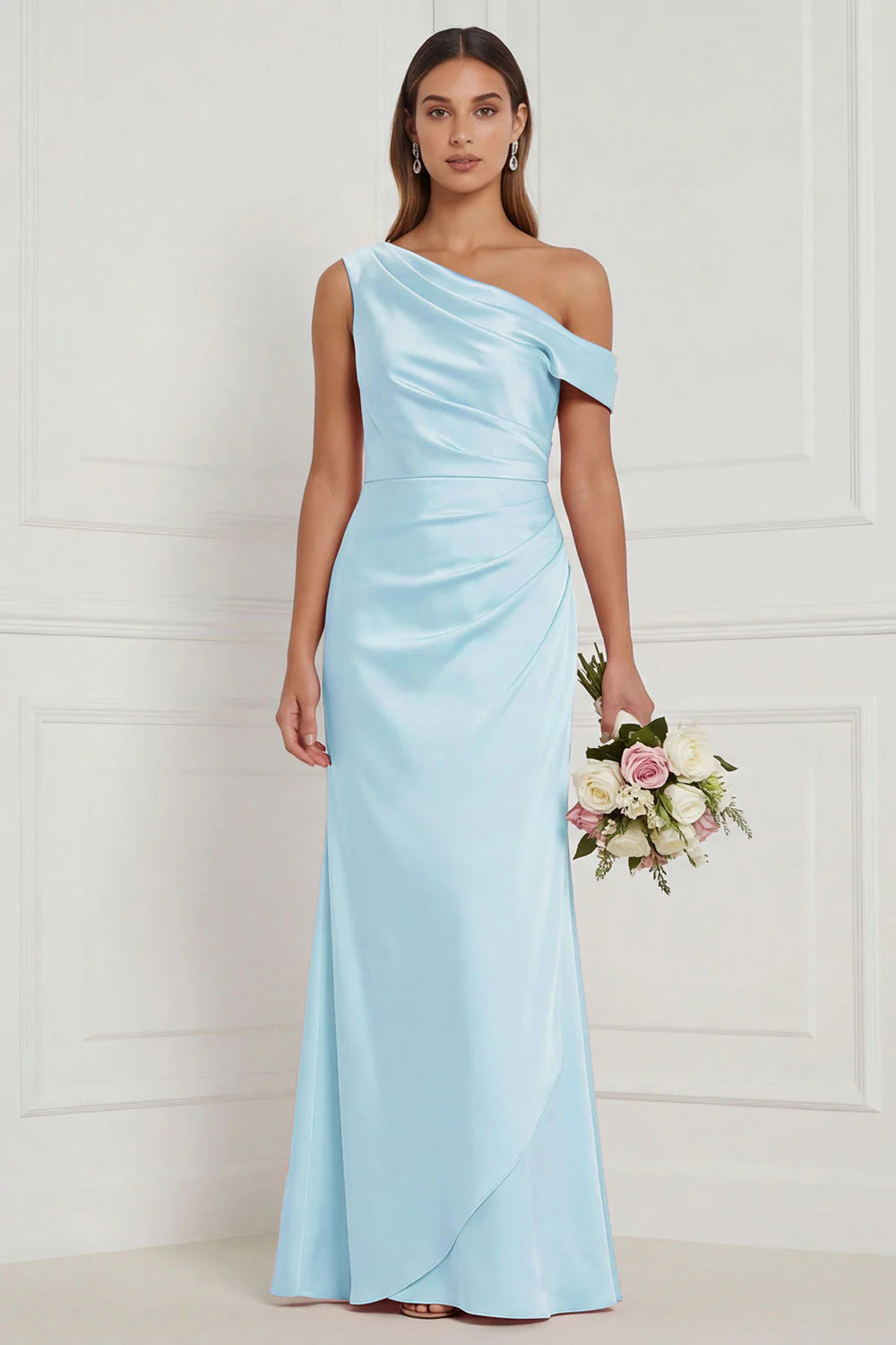 Burnt Orange Asymmetrical Neck Mermaid Ruched Satin Bridesmaid Dress