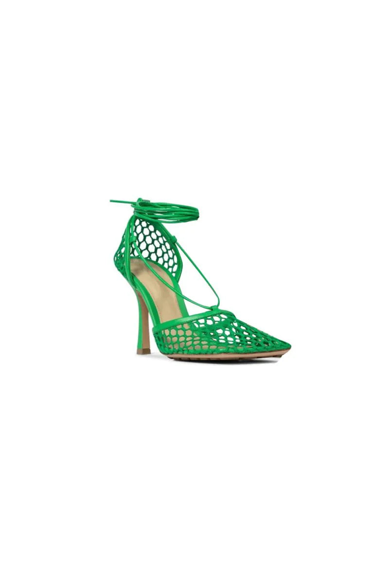 Yellow Stiletto Heel Lace Up Fishnet High Heel Sandals