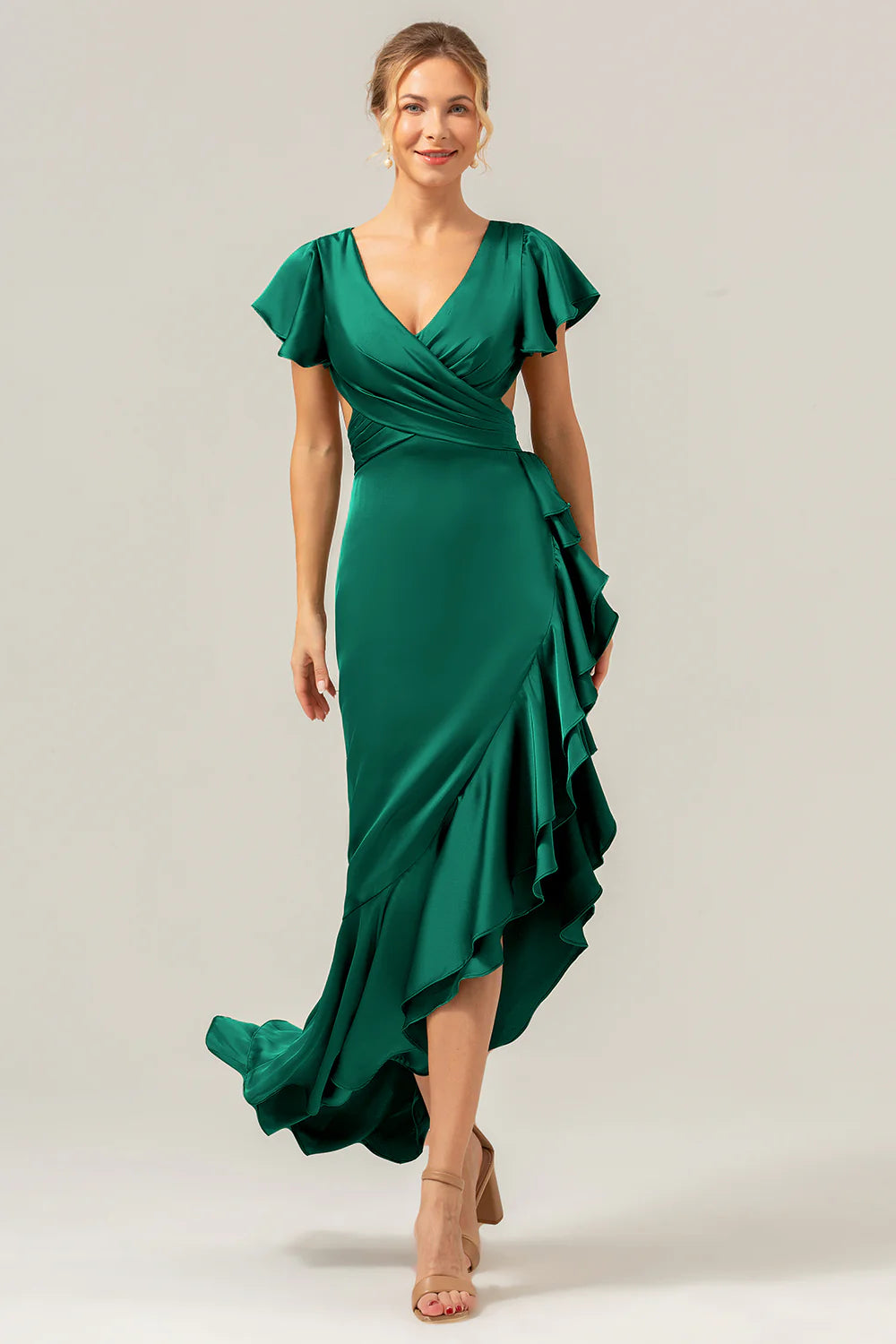 A Line V Neck Asymmetrical Dark Green Bridesmaid Dress with Ruffle Slit