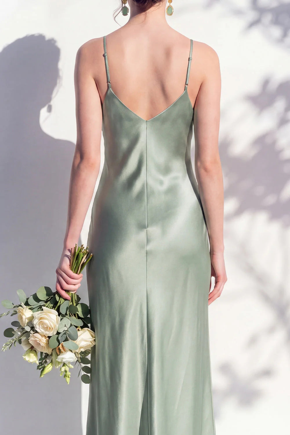 Satin Spaghetti Straps Sheath Sage Bridesmaid Dress