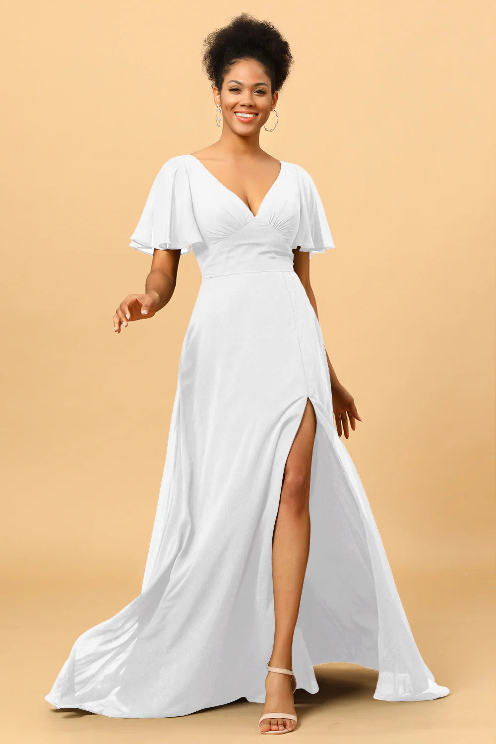 A Line V Neck Long Chiffon Bridesmaid Dress with Slit