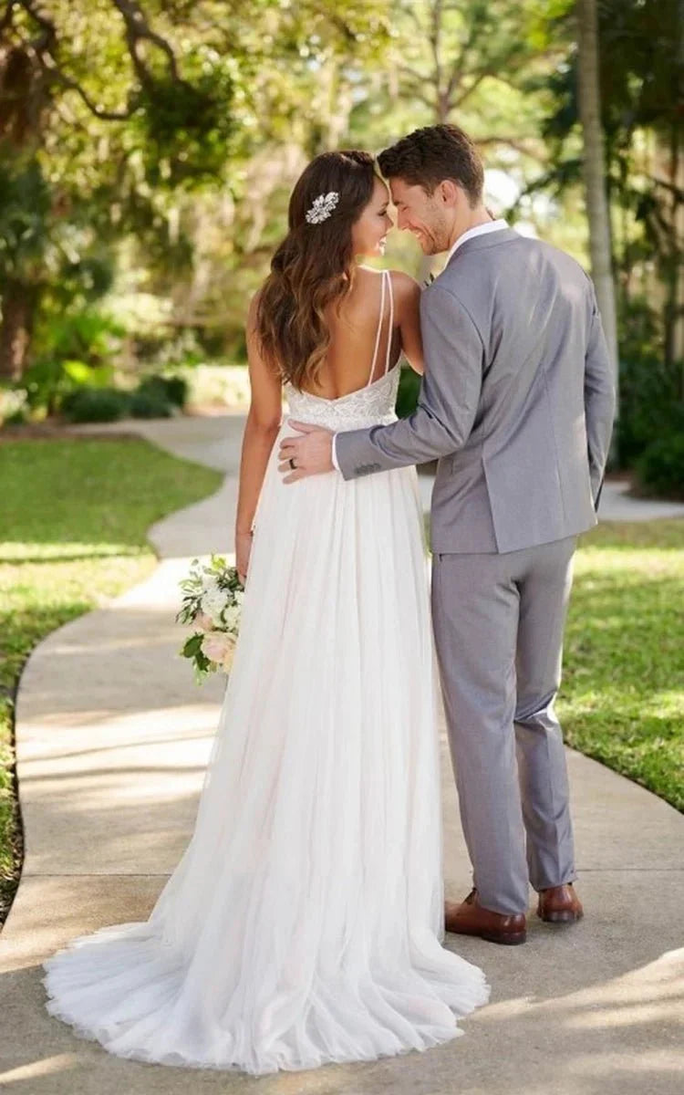 Simple Classic Tulle Applique Wedding Gown Garden A Line Backless Spaghetti Wedding Dress
