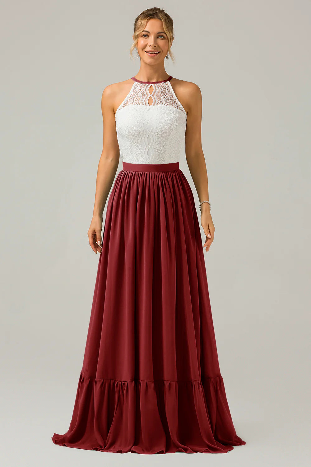 A Line Halter Pleated Keyhole Chiffon Bridesmaid Dress With Lace