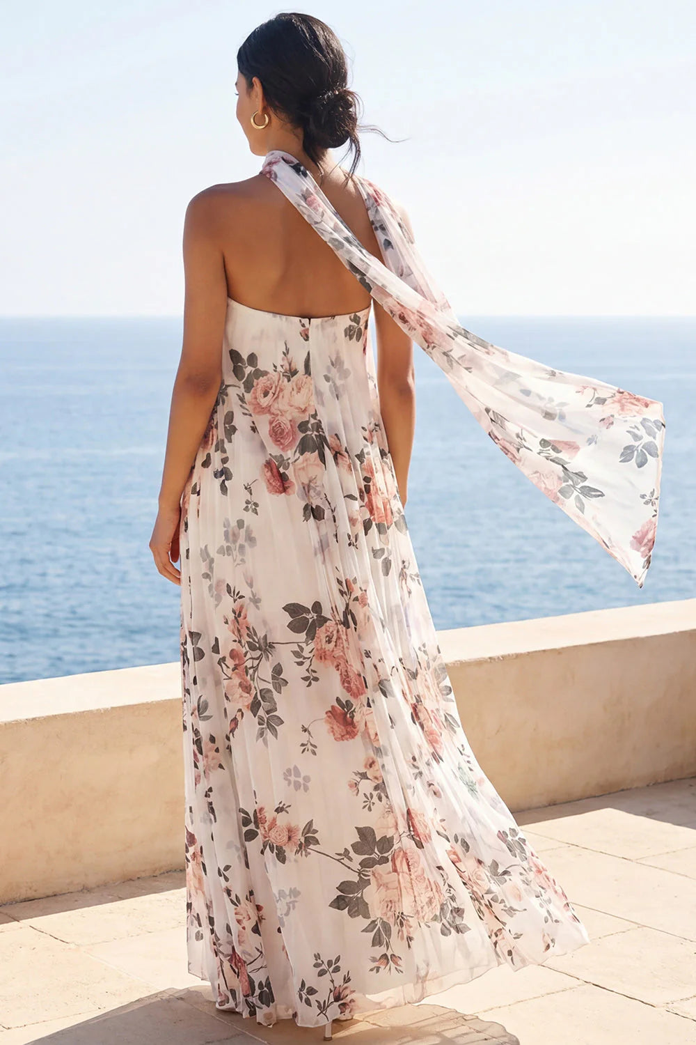 Floral Ivory A Line Sweetheart Wedding Guest Dress with Scarf