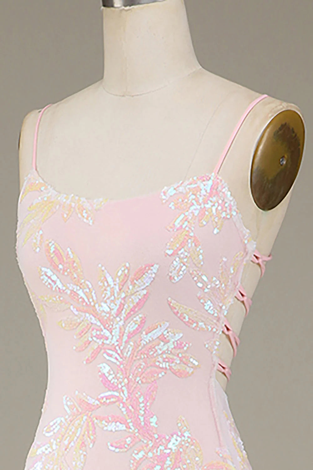 Pink Mermaid Spaghetti Straps Sparkly Long Prom Dress with Slit