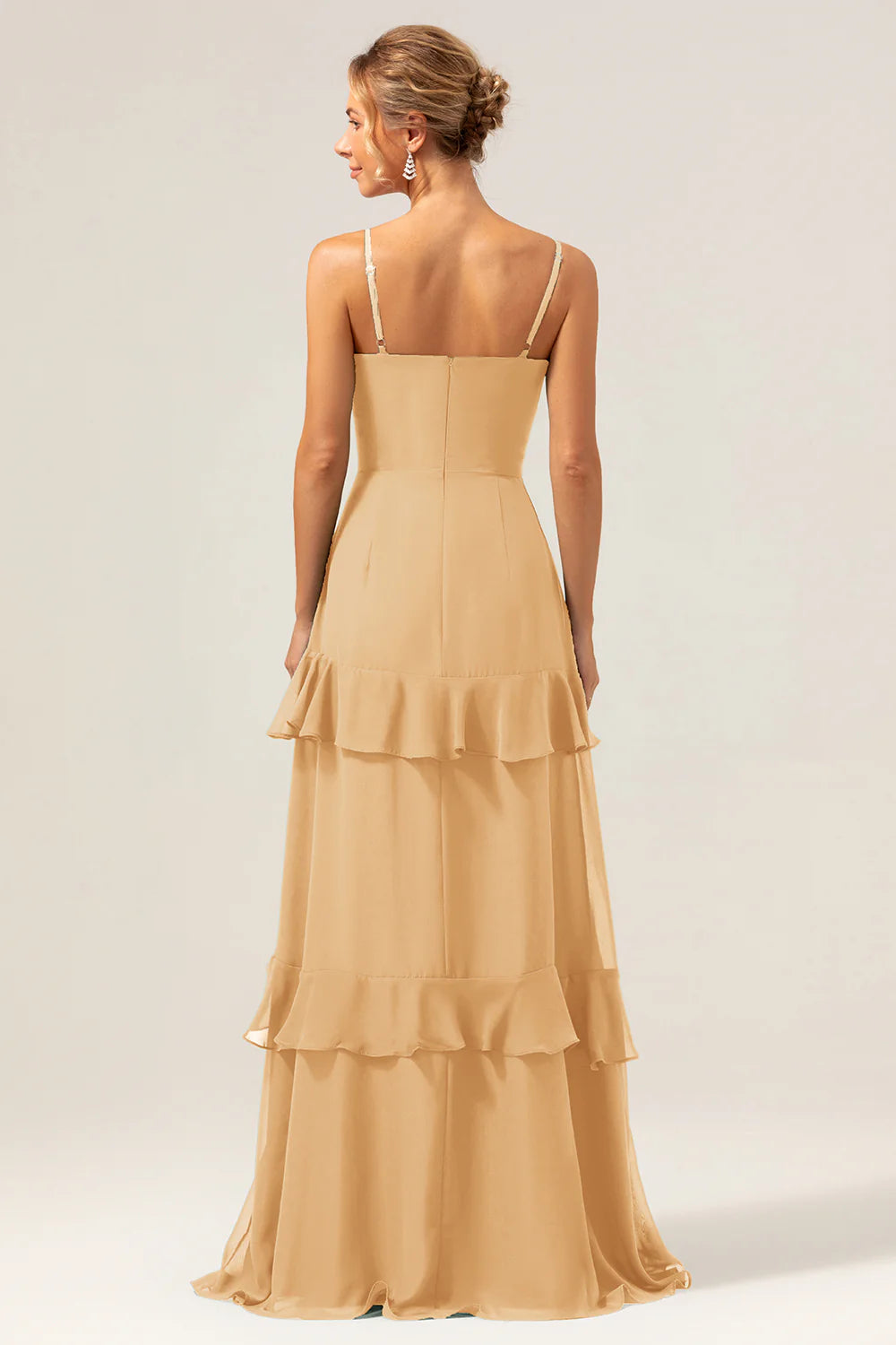 Dark Green A Line Spaghetti Straps Ruffled Chiffon Floor Length Bridesmaid Dress with Slit