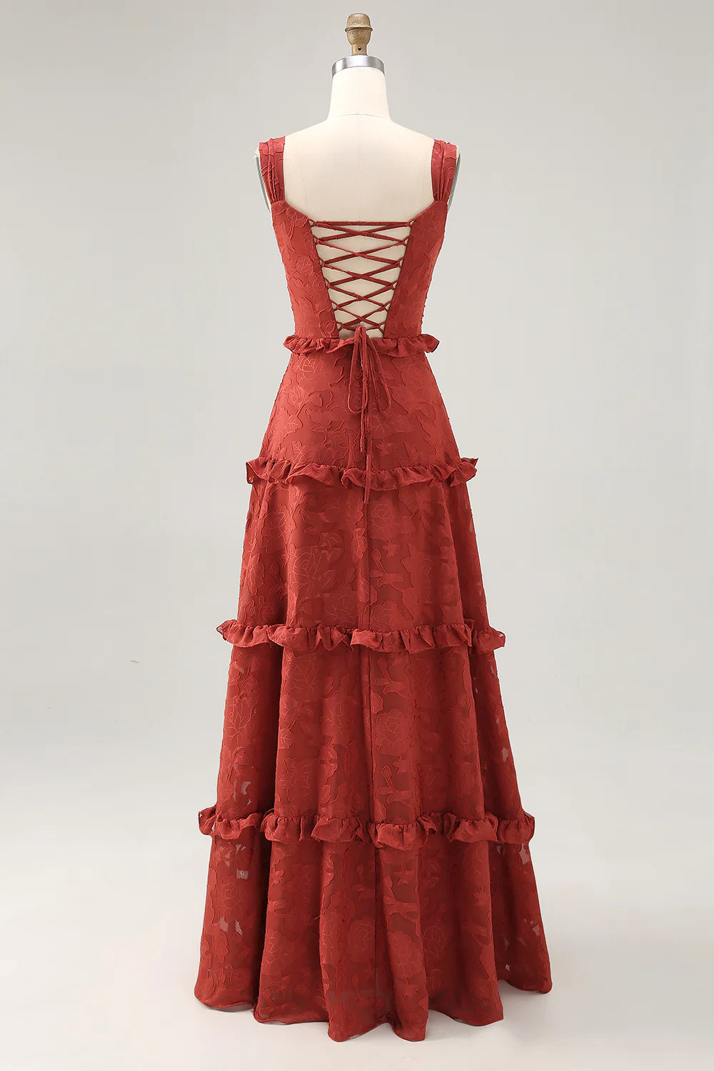 Terracotta A line Ruffled Floral Burnout Maxi Bridesmaid Dress with Lace Up Back