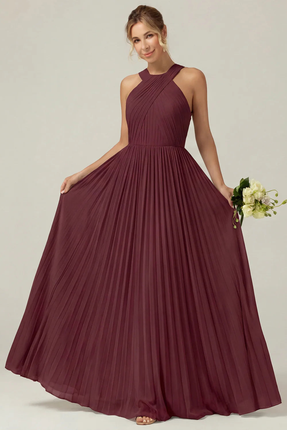 Dusty Sage A Line Halter Pleated Long Bridesmaid Dress