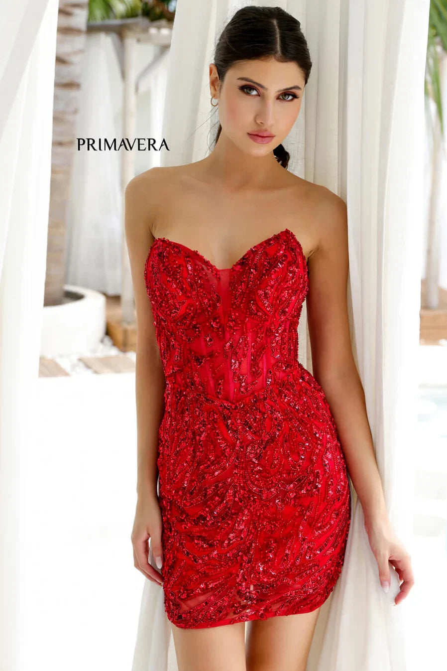 4222 Primavera Strapless Sequin Cocktail Dress with Illusion Bodice