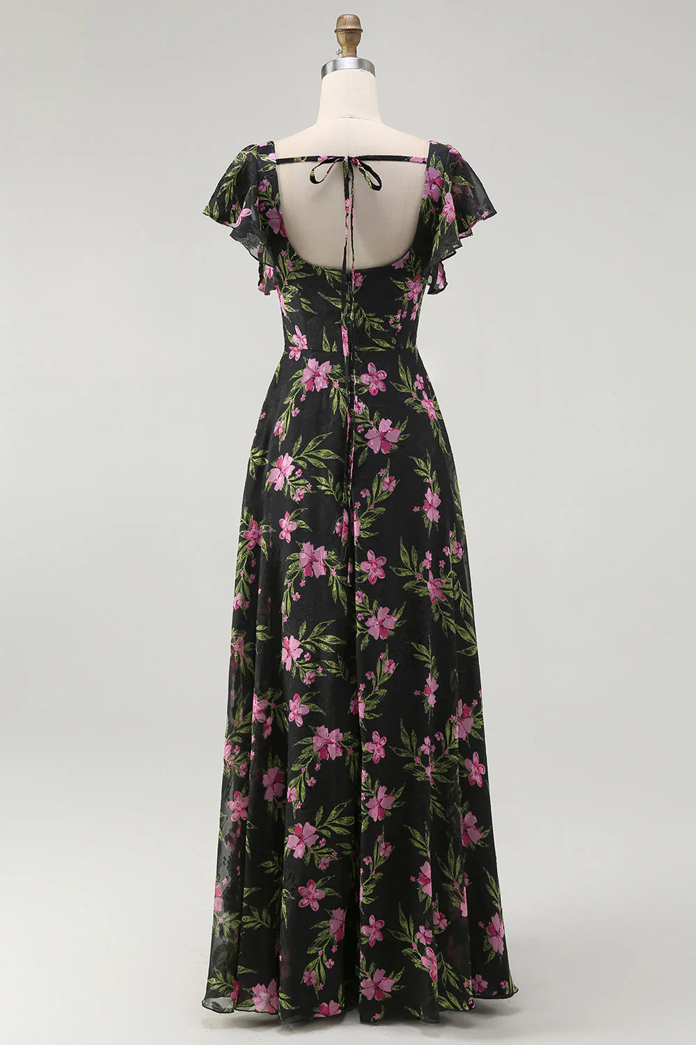 Black Pink Flower A Line Square Neck Printed Long Bridesmaid Dress with Flutter Sleeves