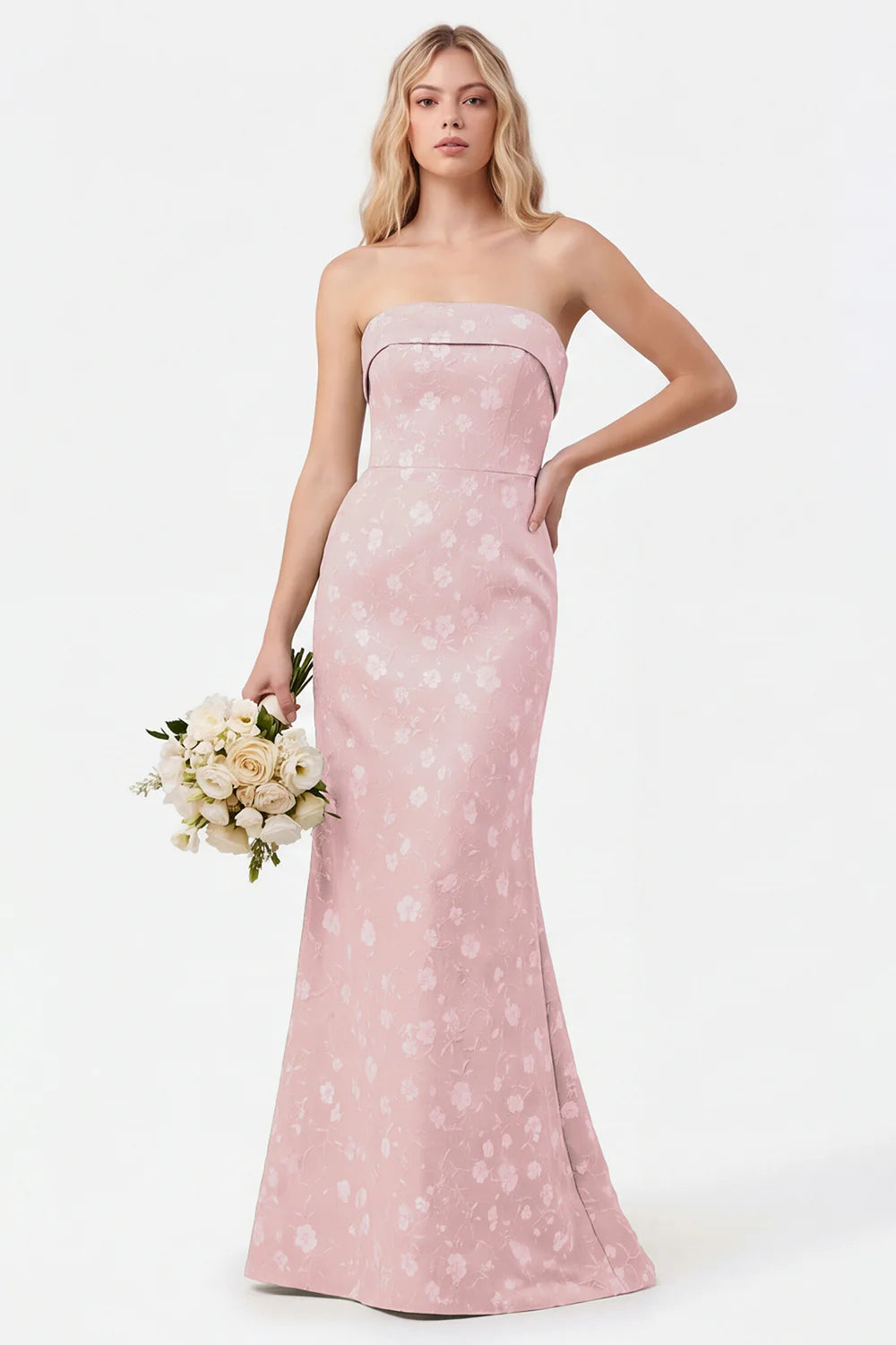 Strapless Mermaid Sage Floral Jacquard Bridesmaid Dress