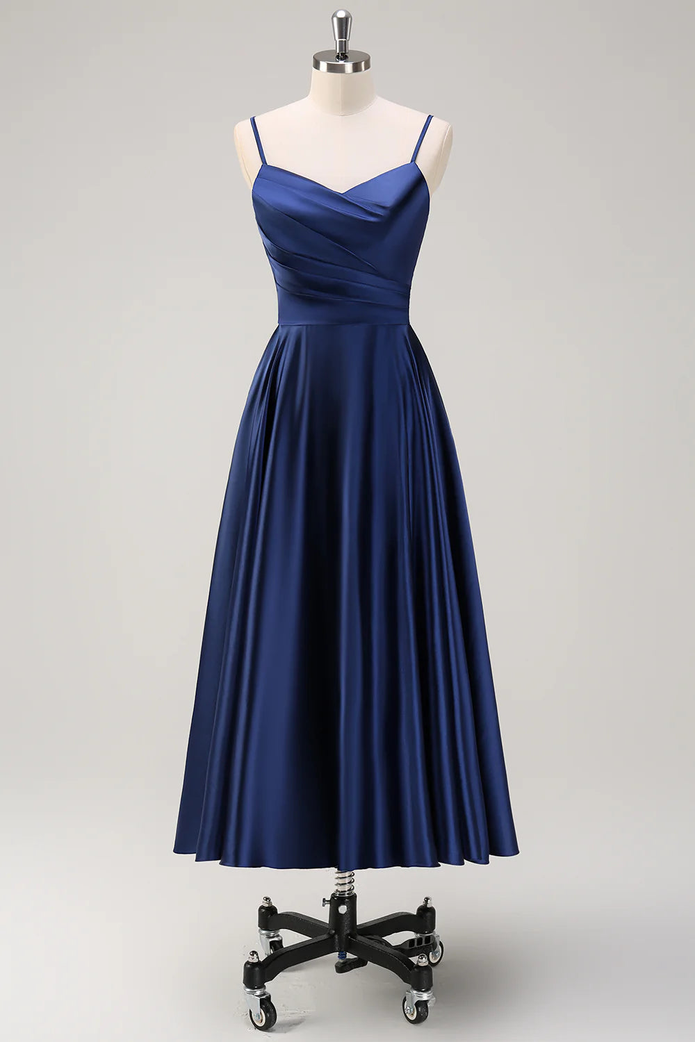 Dark Navy A Line Spaghetti Straps Pleated Midi Dress