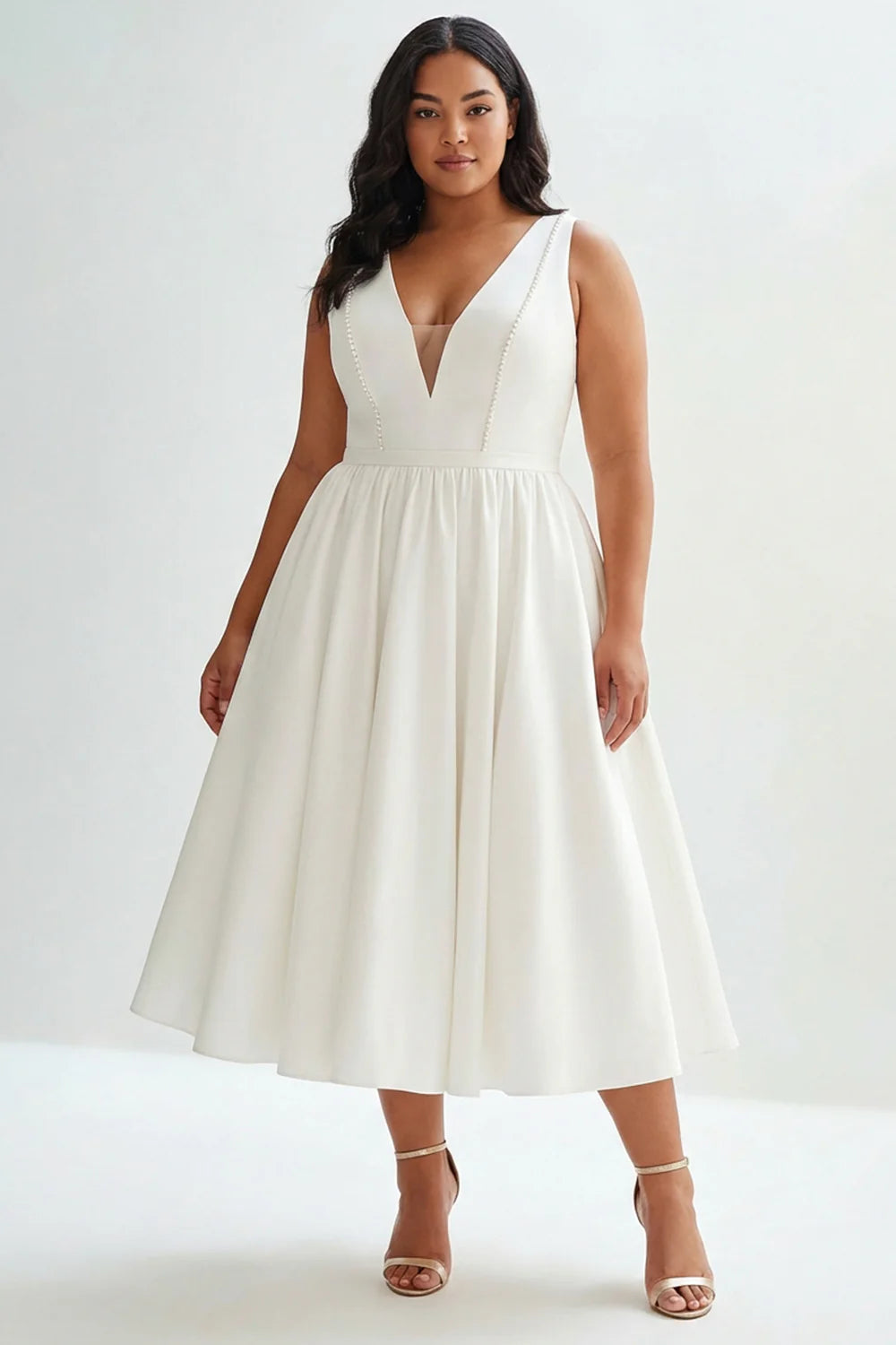 White A Line V Neck Midi Plus Size Graduation Dress with Pearls