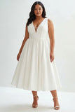 White A Line V Neck Midi Plus Size Graduation Dress with Pearls