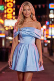 Off the Shoulder Blue A Line Short Homecoming Dress with Beading