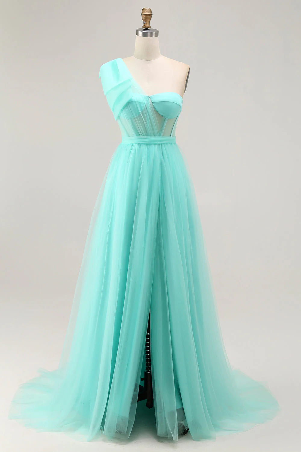 Fuchsia A Line One Shoulder Sheer Corset Tulle Long Prom Dress with Slit