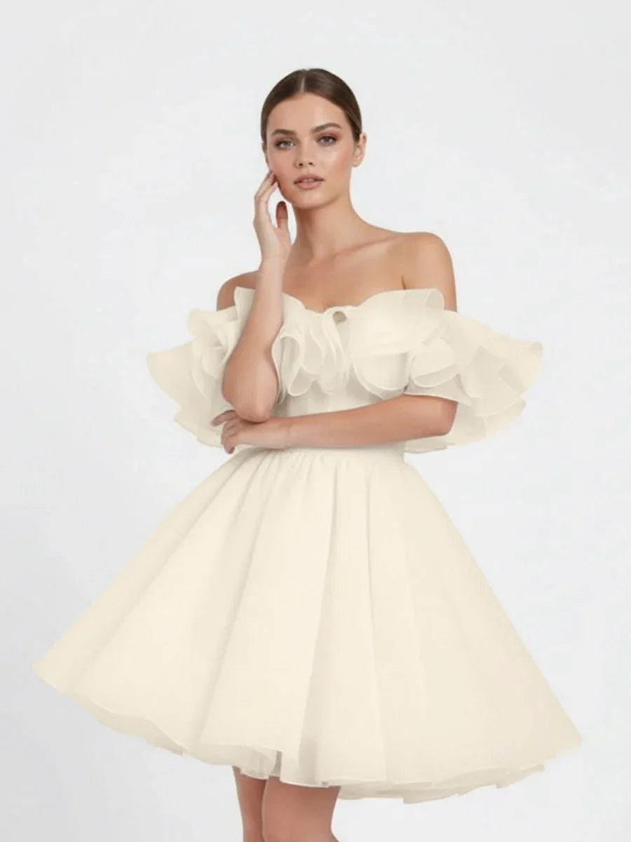 A Line Off The Shoulder Sleeveless Short Mini Organza Wedding Dresses