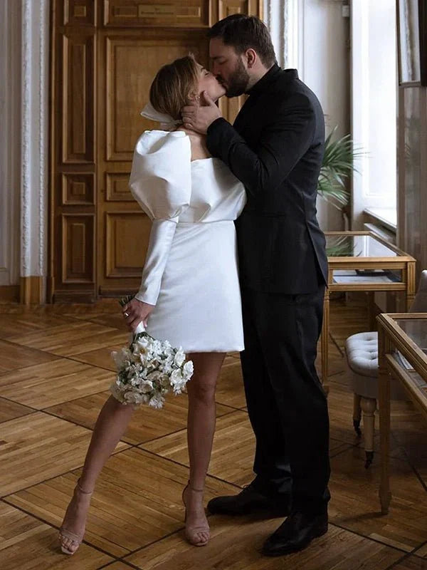 White Satin Short Wedding Dress with Puff Sleeves