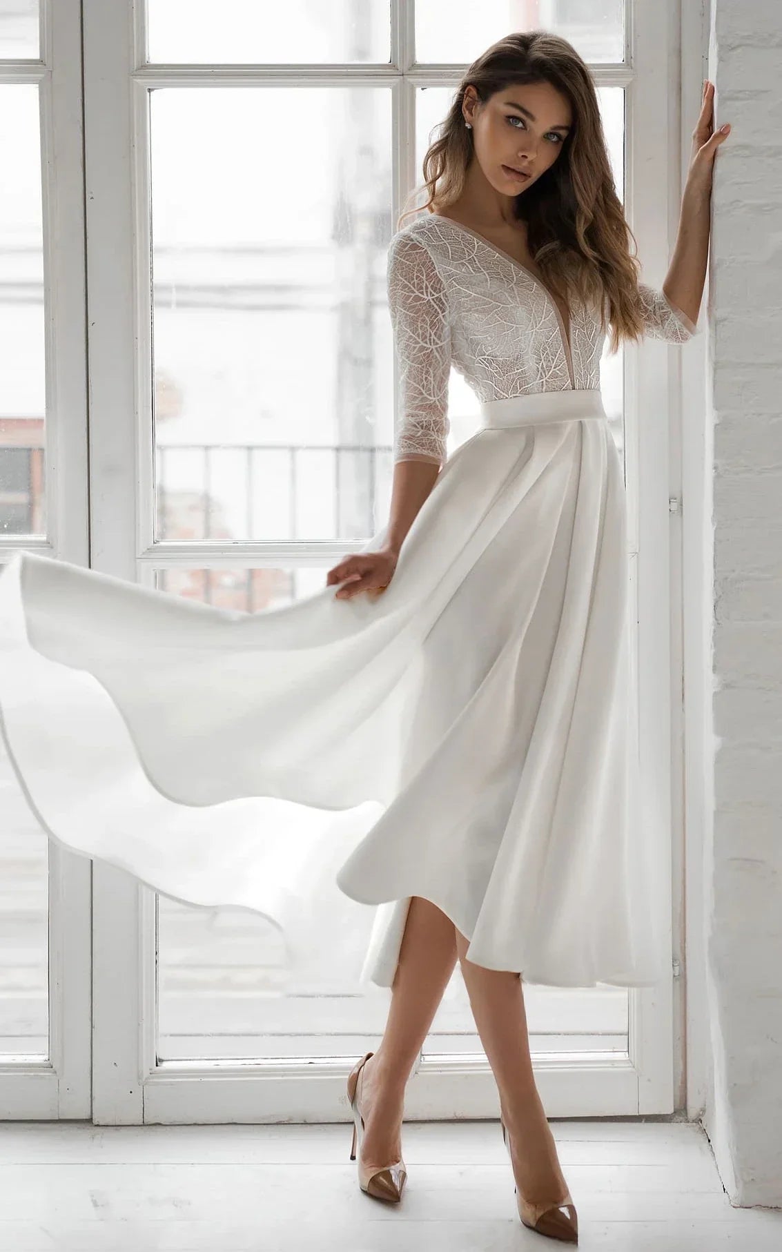 Satin V neck A Line Tea length Wedding Dress with Ruching and Sash