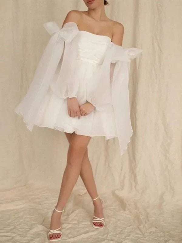 A Line Puff Long Sleeves Short Wedding Dresses With Bows