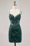 Dark Green Sequins Sheer Corset Tight Short Homecoming Dress