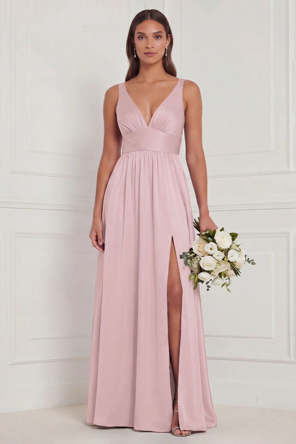 Dusty Blue A Line V Neck Bridesmaid Dress with Slit