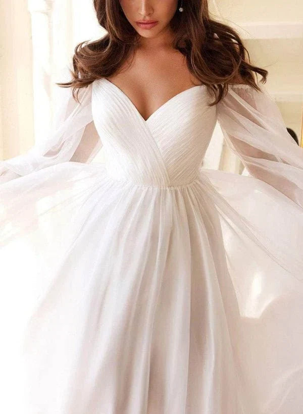 A Line Off the Shoulder Long Sleeves Chiffon Floor Length Wedding Dress
