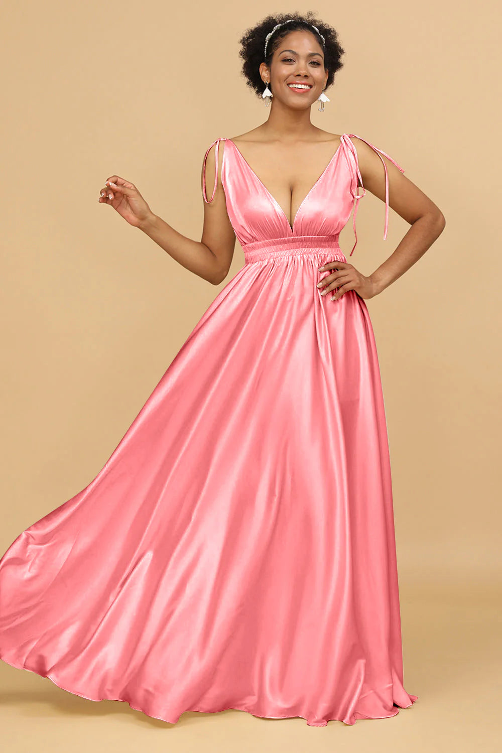 A Line Deep V Neck Backless Floor Length Bridesmaid Dress