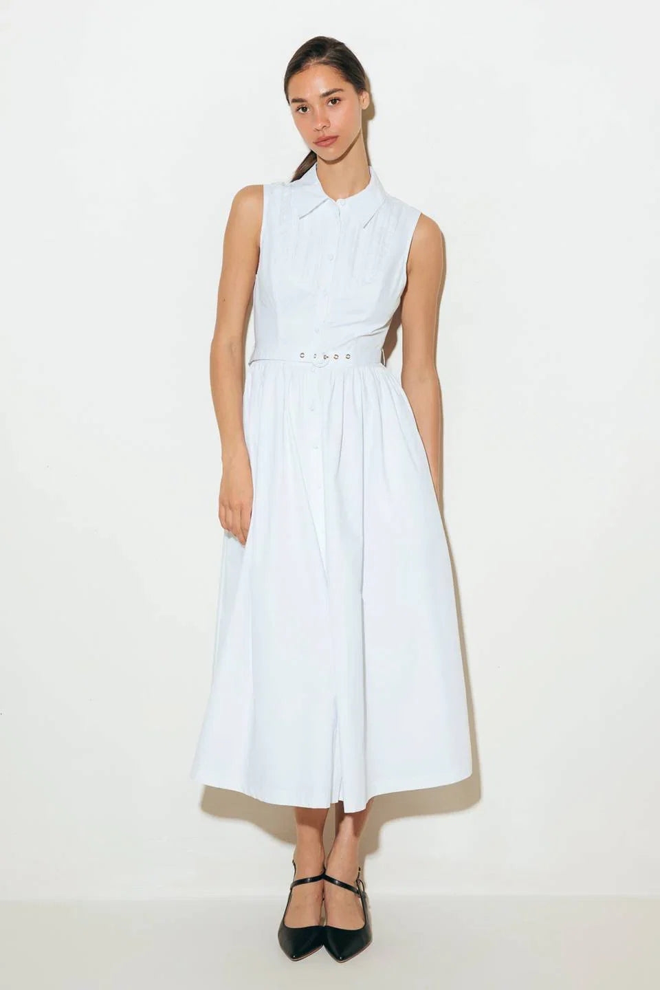 NORTH EAST MIDI White Cotton Pintuck Midi Shirt Dress