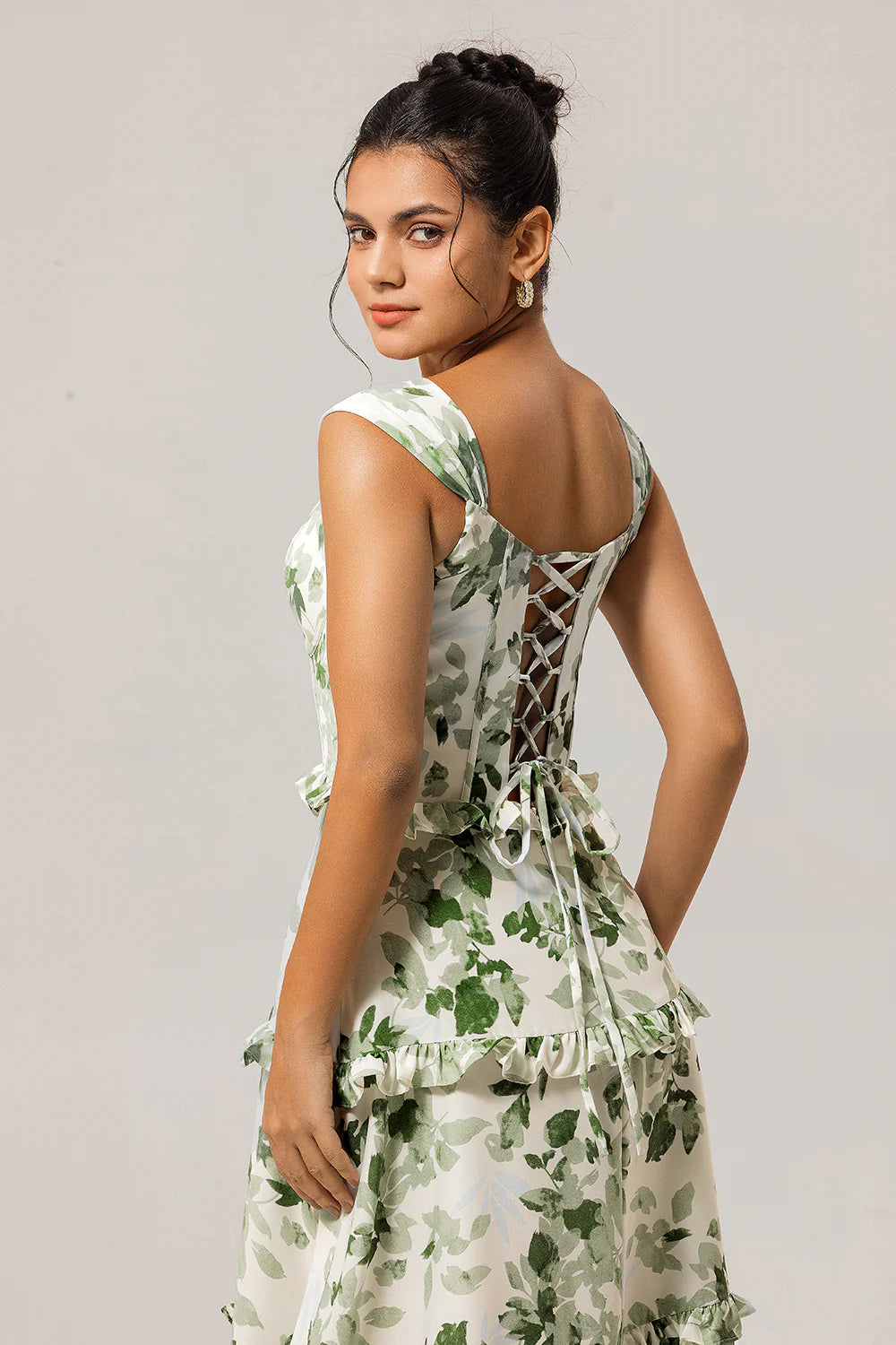 Green Flower A Line Corset Ruffle Long Bridesmaid Dress with Lace Up Back