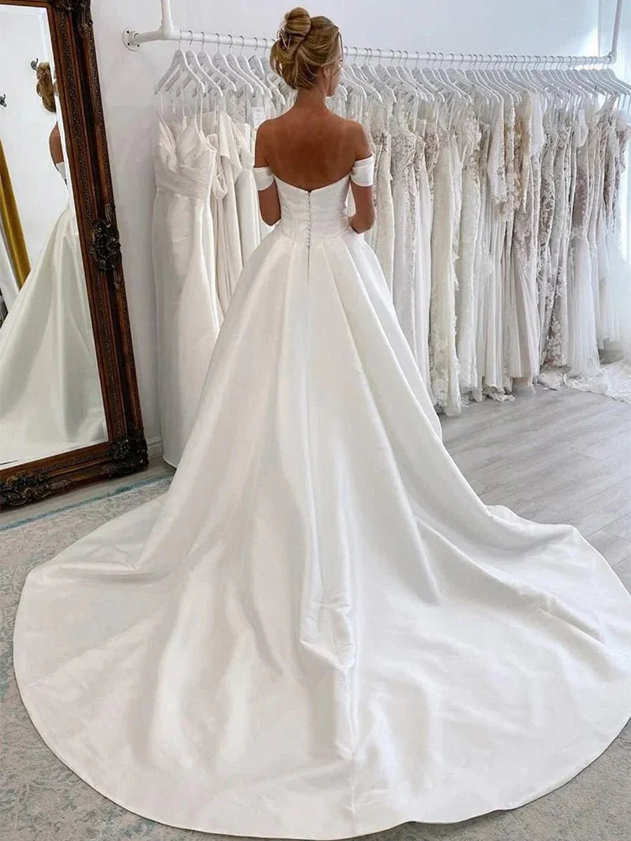 Elegant A Line Off the Shoulder White Satin Wedding Dresses