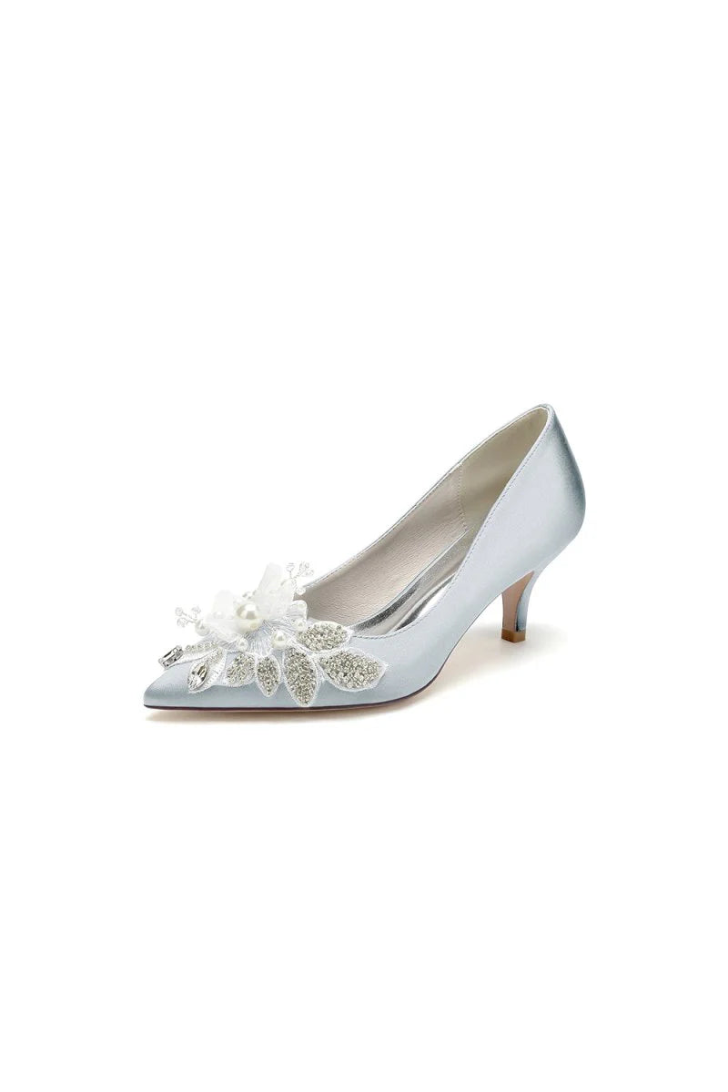 Floral Beading Pointed Toe Satin Kitten Heels