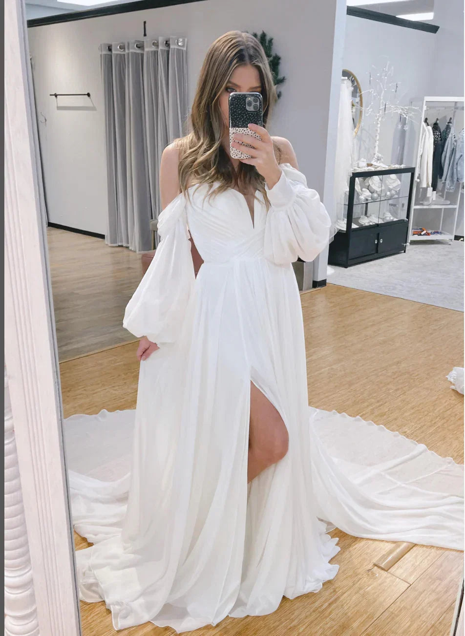 A Line Sweetheart Long Sleeves Chiffon Sweep Train Wedding Dress