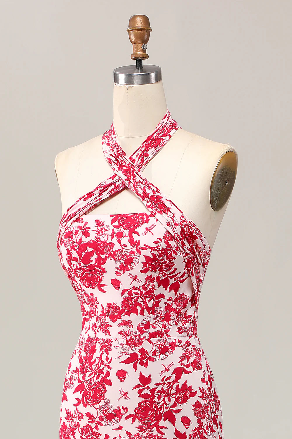 Red Flower Mermaid Halter Printed Midi Wedding Guest Dress