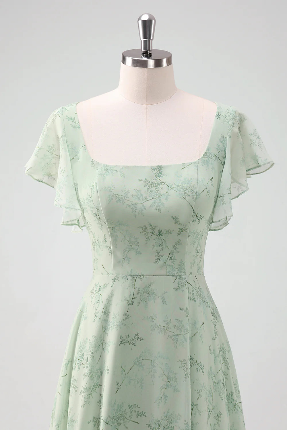 Dusty Sage A Line Square Neck Floor Length Print Bridesmaid Dress with Slit
