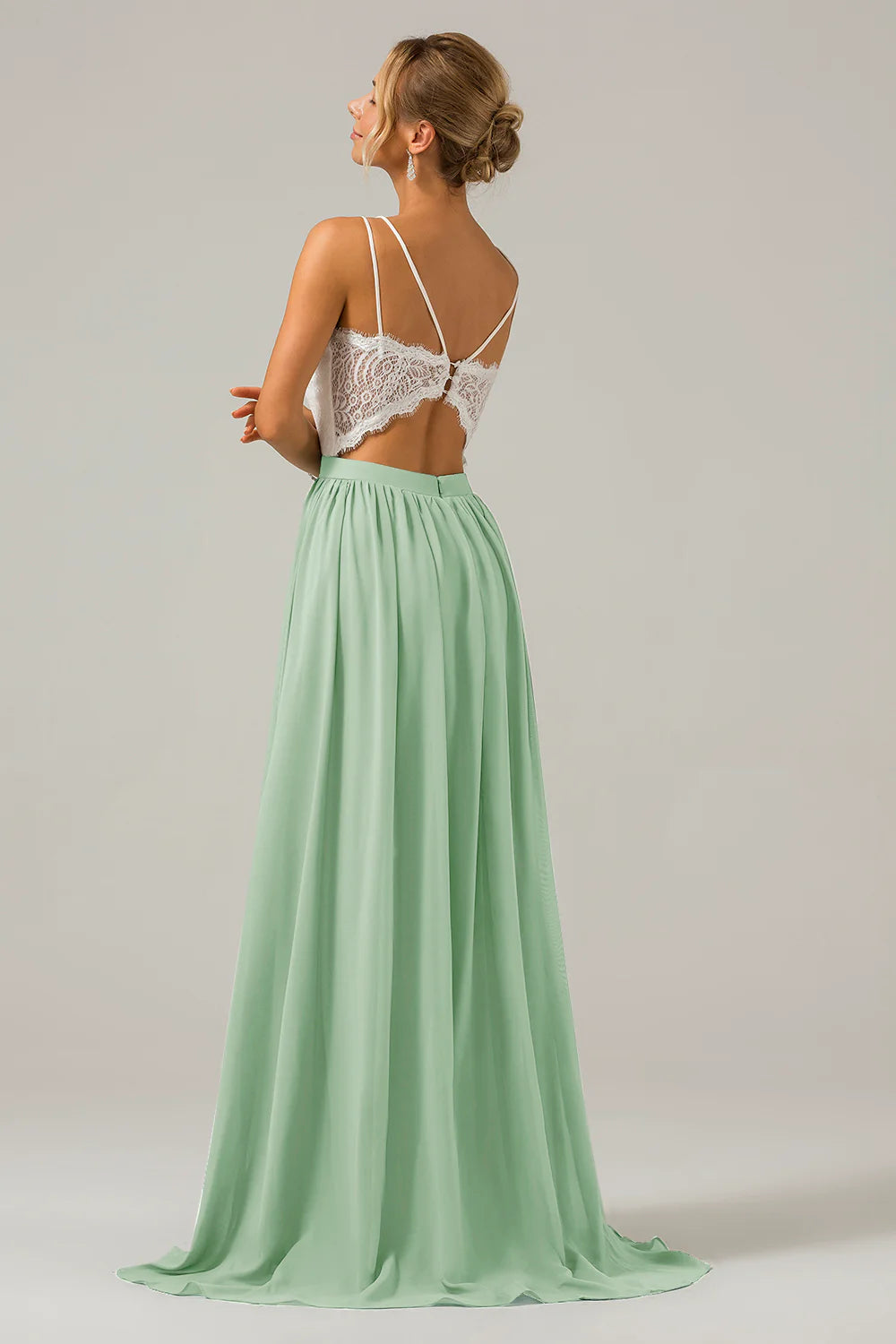 A Line Spaghetti Straps Pleated Long Bridesmaid Dress With Lace